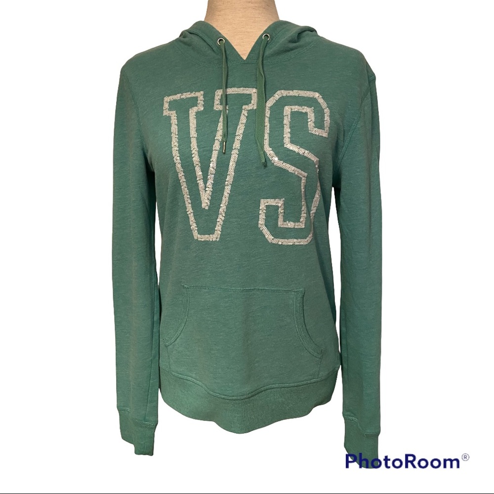VICTORIA’S SECRET TOP HOODIE SWEATSHIRT GREEN WHITE SEQUIN VS LONG SLEEVE Size S